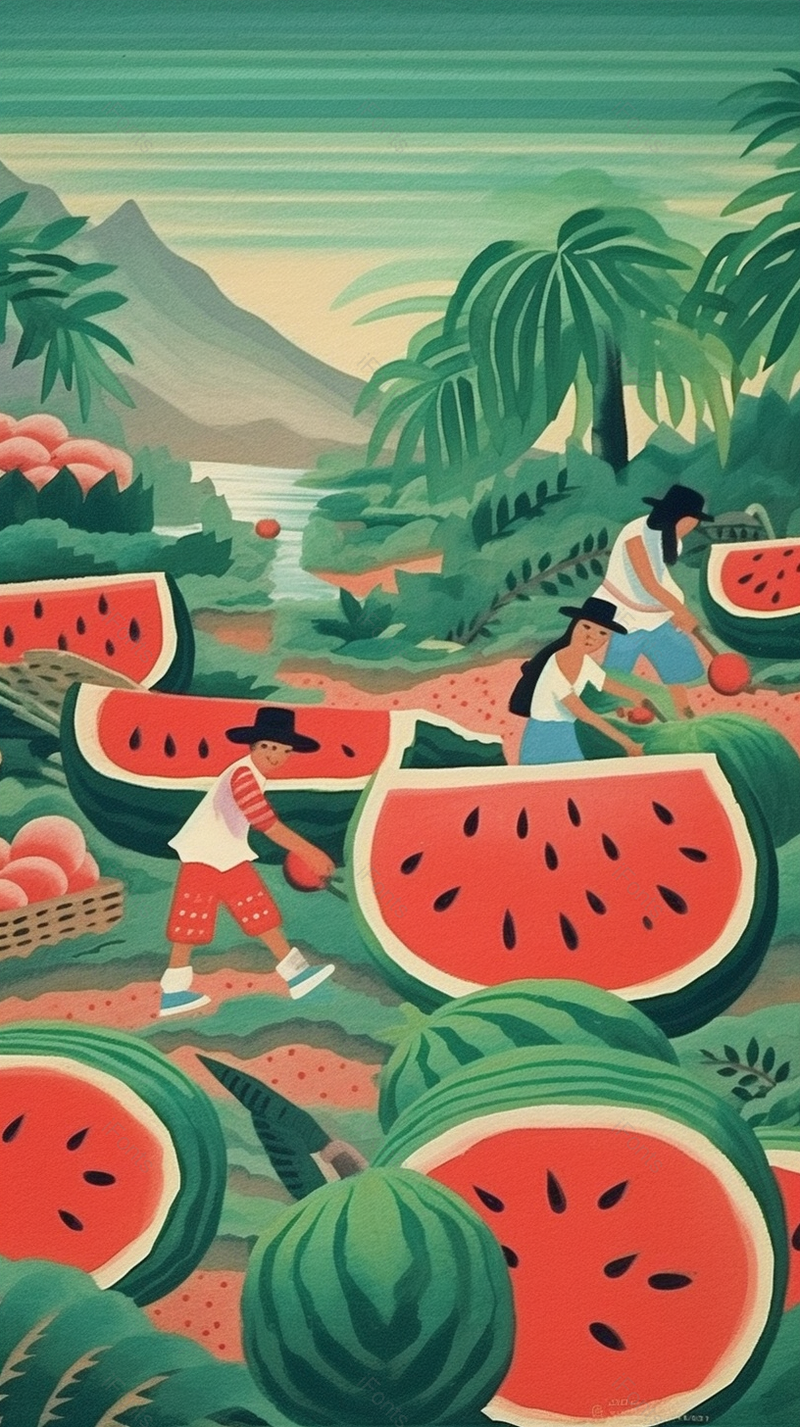 绿色夏天自然田园风光西瓜女孩插画背景,插画/手绘图,插画/手绘图库,插画/手绘图下载,插画/手绘